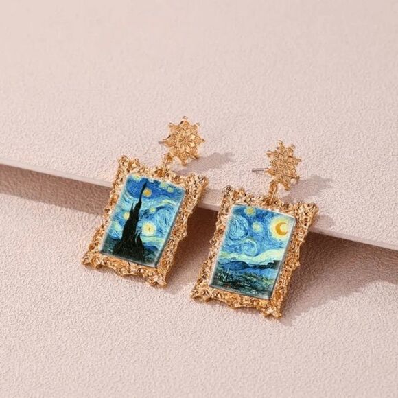 Gold Vincent van Gogh "Starry Night 1889" Portrait Dangle Earrings - Picture 1 of 3